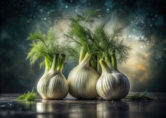 Ghostly fennel bulbs emerge from a grey void, a surreal double exposure.