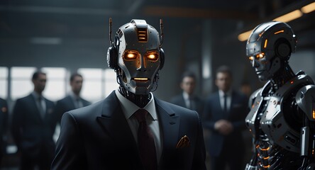 Fototapeta premium A well-dressed robot in a suit and tie leads a group of robots, its headpiece illuminated with icons of innovation and technology. 