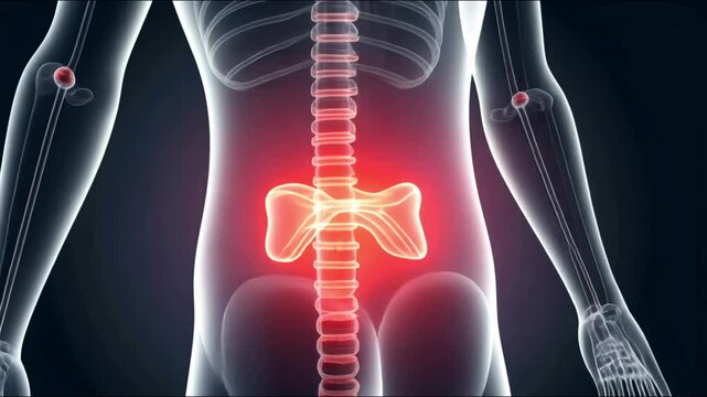 Coccyx strain: visual depiction of pain radiating from coccyx and lower back area, showcasing spinal discomfort, physical strain associated with chronic low back pain