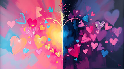 Vibrant split image, colorful hearts, day and night contrast, whimsical tree silhouette, pink and blue hues, glowing effects, magical atmosphere, floating heart shapes, dreamy background, abstract lov