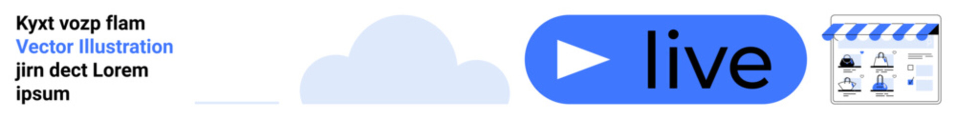 Blue play button labeled live with media content symbols, movie clapperboard, and cloud. Ideal for online broadcasting, video streaming, digital content, media management, entertainment, web design