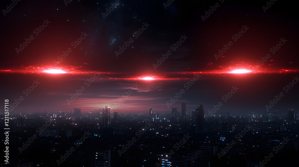 Aufkleber a futuristic city skyline illuminated by three ominous red beams cutting through a dark sky, creatin