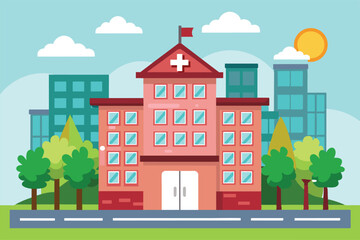 A cheerful cartoon hospital building surrounded by trees and tall buildings under a sunny sky Hospital building Customizable Cartoon Illustration
