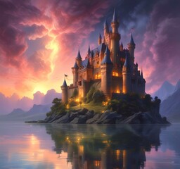 Fototapeta premium Illustration of glowing mystery tower castle in night.