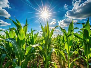 Obraz premium Golden sunlight bathes a vibrant green cornfield, stretching beneath a brilliant blue summer sky.