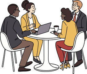 Partners meeting for business discussion with documents and laptop on desk. Couple at round table, speaking, discussing work, partnership. Flat vector on a white background