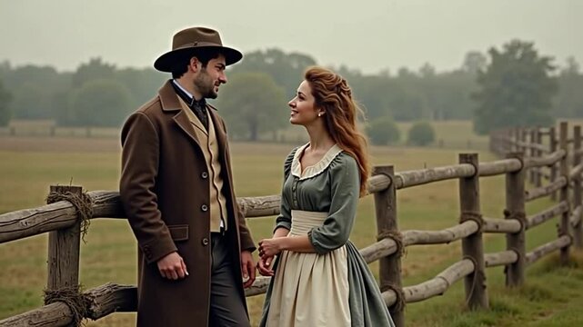 In the 1860s countryside, a couple shares a quiet moment by a fence, dressed in simple, modest attire.