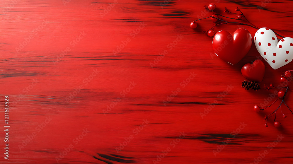 Poster a vibrant red wooden surface adorned with various hearts, creating a romantic and festive atmosphere