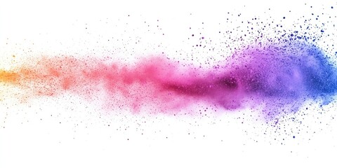 Vibrant powder splatter abstract background with orange pink purple and blue hues dispersing from left to right on a white canvas texture