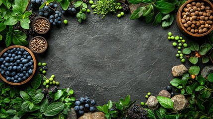 A frame of various berries and seeds with green leaves
