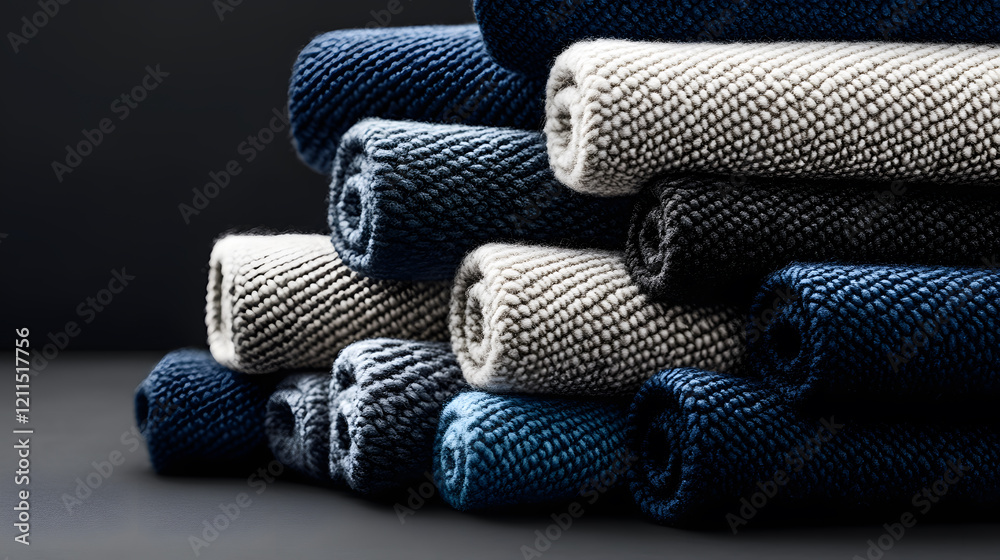 Poster A visually appealing stack of rolled textiles in various shades of blue and cream, highlighting texture and pattern in a minimalist setting