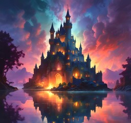 Illustration of glowing mystery tower castle in night.