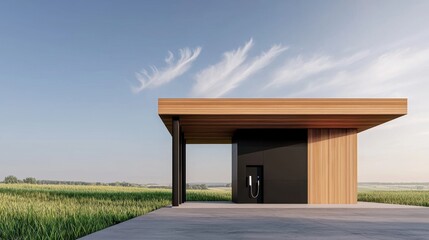 ev car concept. Modern architectural structure with wooden elements in an open field under a clear sky.