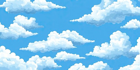 Summer sky background with vibrant blue hues and fluffy white clouds evenly distributed for creating text overlays and ample copy space.