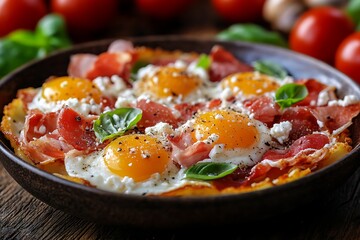 Crispy rösti topped with fried eggs, prosciutto, feta, and basil, a delicious and savory breakfast.