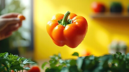 Person's silhouette gazes at a bright orange bell pepper on a yellow background