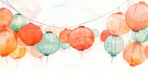Colorful Watercolor Lanterns in Festive String Light Arrangement