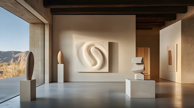Modern Art Gallery Interior with Abstract Sculptures and Textured Wall Panel