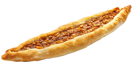 A golden-brown Turkish pide boat brimming with a flavorful meat filling is shown against a black background.