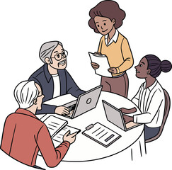 Partners meeting for business discussion with documents and laptop on desk. Couple at round table, speaking, discussing work, partnership. Flat vector on a white background