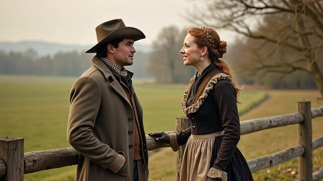 In the 1860s countryside, a couple shares a quiet moment by a fence, dressed in simple, modest attire.