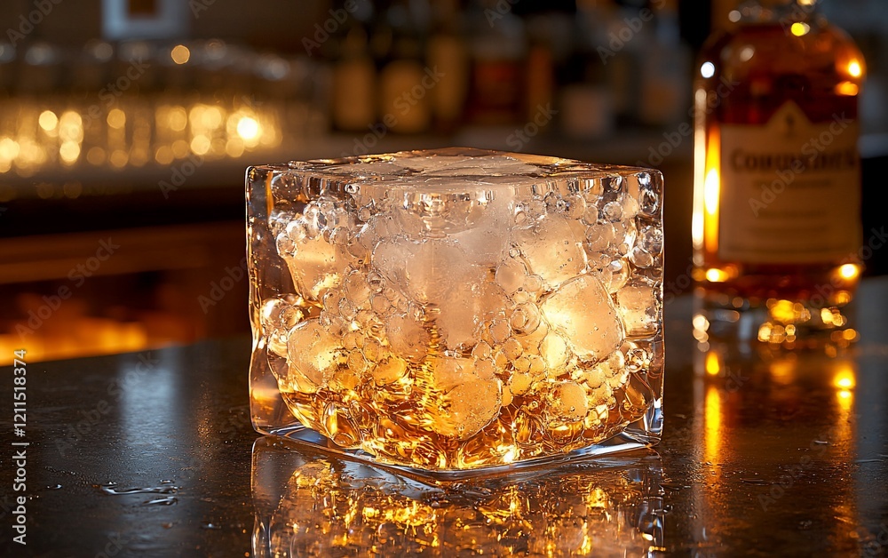 Poster illuminated ice cube with whisky bottle on bar.