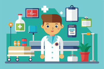 Obraz premium A hospital patient consults with a friendly healthcare provider surrounded by medical supplies Hospital patient Customizable Flat Illustration