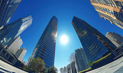 The fa ç ade of modern skyscrapers and glass curtain wall buildings in the city