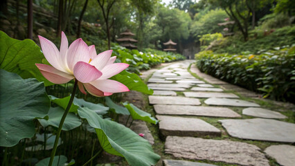 Serene Pink Lotus Flower Blooming Amidst a Tranquil Stone Path in a Lush Garden