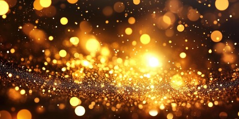 Golden sparkling background with glittering golden orbs and shimmering light effects creating a vibrant, festive atmosphere in the center.