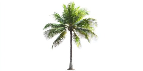 Solitary palm tree with lush green fronds positioned centrally on a white background symbolizing tropical vacations and summer getaways
