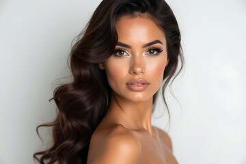 Naklejka premium Beautiful brunette girl in move with a perfectly smooth hair, and classic make-up.