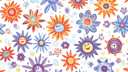 Cheerful smiling flower pattern background for kids' textile design