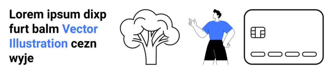 Male figure in blue shirt gesturing, large outlined tree, credit card, blue and black text. Ideal for finance, nature conservation, presentations, marketing, educational content web design