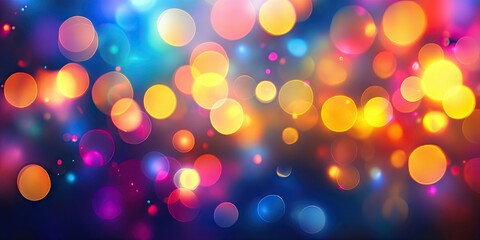 Vibrant bokeh lights in shades of yellow orange pink and blue creating an abstract colorful background with a dreamy blurred effect.