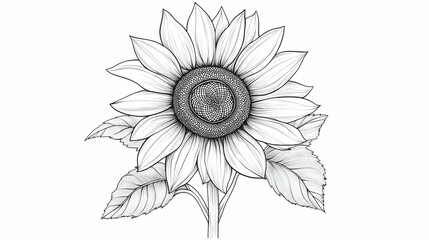 Fototapeta premium Close-up Line Drawing of a Sunflower with Leaves. Botanical Illustration for Design