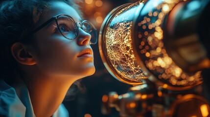 Young scientist observes night sky with vintage telescope revealing constellations