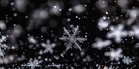 Fototapeta premium Snowflakes softly falling out of focus on a dark black background, featuring intricate white snowflake patterns, creating a serene winter atmosphere.