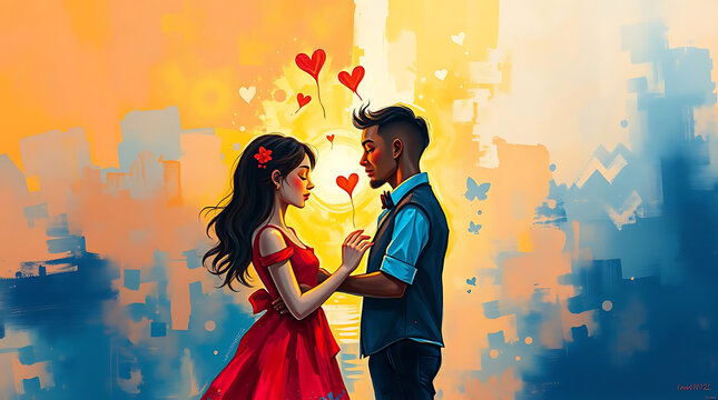 romantic couple dancing, vibrant colorful background, red dress, blue suit, floating hearts, painterly style, impressionistic, dreamy atmosphere, warm tones, dynamic pose, love, passion, elegance, bru