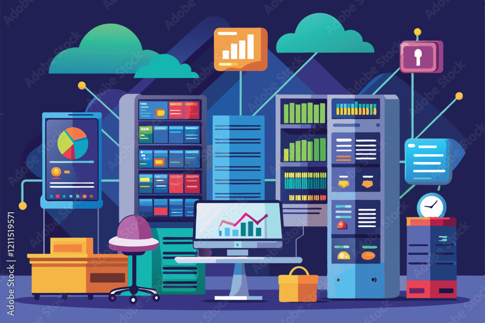 Poster a workstation displays graphs while servers organize backup and data analysis equipment in a tech-fo