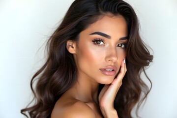 Fototapeta premium Beautiful brunette girl in move with a perfectly smooth hair, and classic make-up.