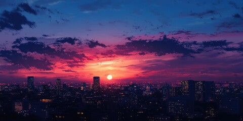 Obraz premium Twilight skyline over an urban landscape featuring vibrant pink, purple, and blue hues with a setting sun at center and city lights below.