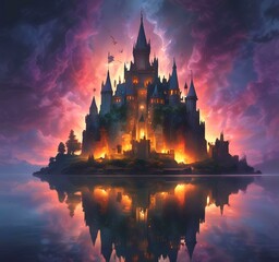 Naklejka premium Illustration of glowing mystery tower castle in night.
