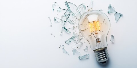 Shattered glass pieces surrounding a glowing light bulb on a clean white background symbolizing ideas and creativity in high-quality imagery.