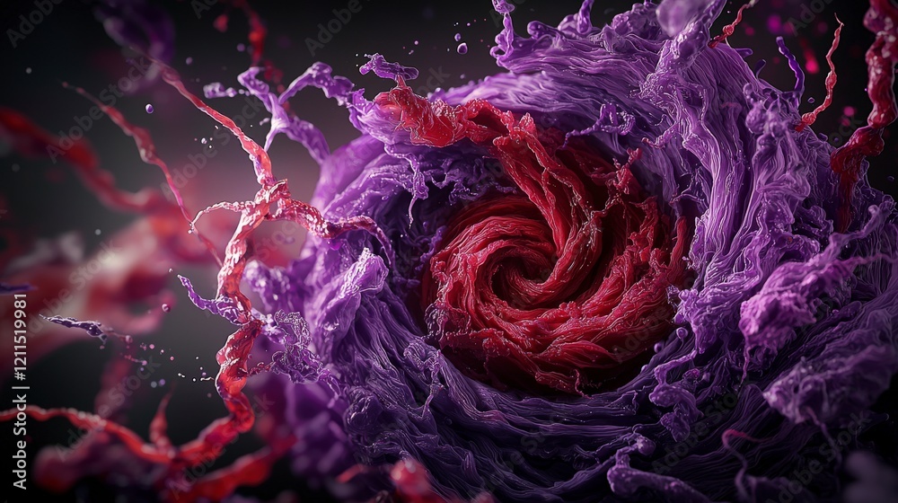 Poster Swirling vortex of purple and red colors abstract art dynamic motion digital environment close-up view artistic concept