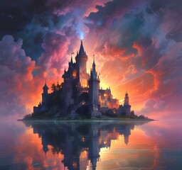 Illustration of glowing mystery tower castle in night.