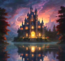 Obraz premium Illustration of glowing mystery tower castle in night.