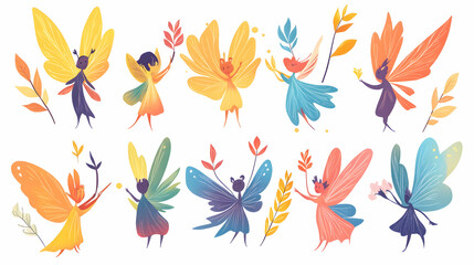 Colorful autumn fairies flying, holding leaves, magical illustration for children's book or card