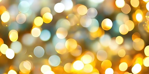 Obraz premium Vibrant blurred bokeh background featuring white, yellow, and golden hues with circular light patterns creating a festive atmosphere perfect for designs.