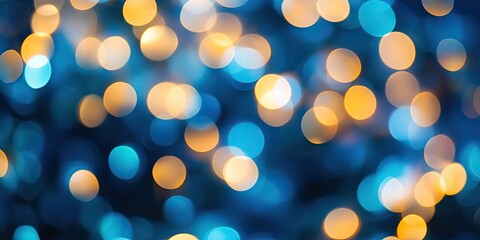 Abstract blue and orange circular bokeh lights on a blurred background with hues of deep blue and warm gold tones creating a dreamy atmosphere.